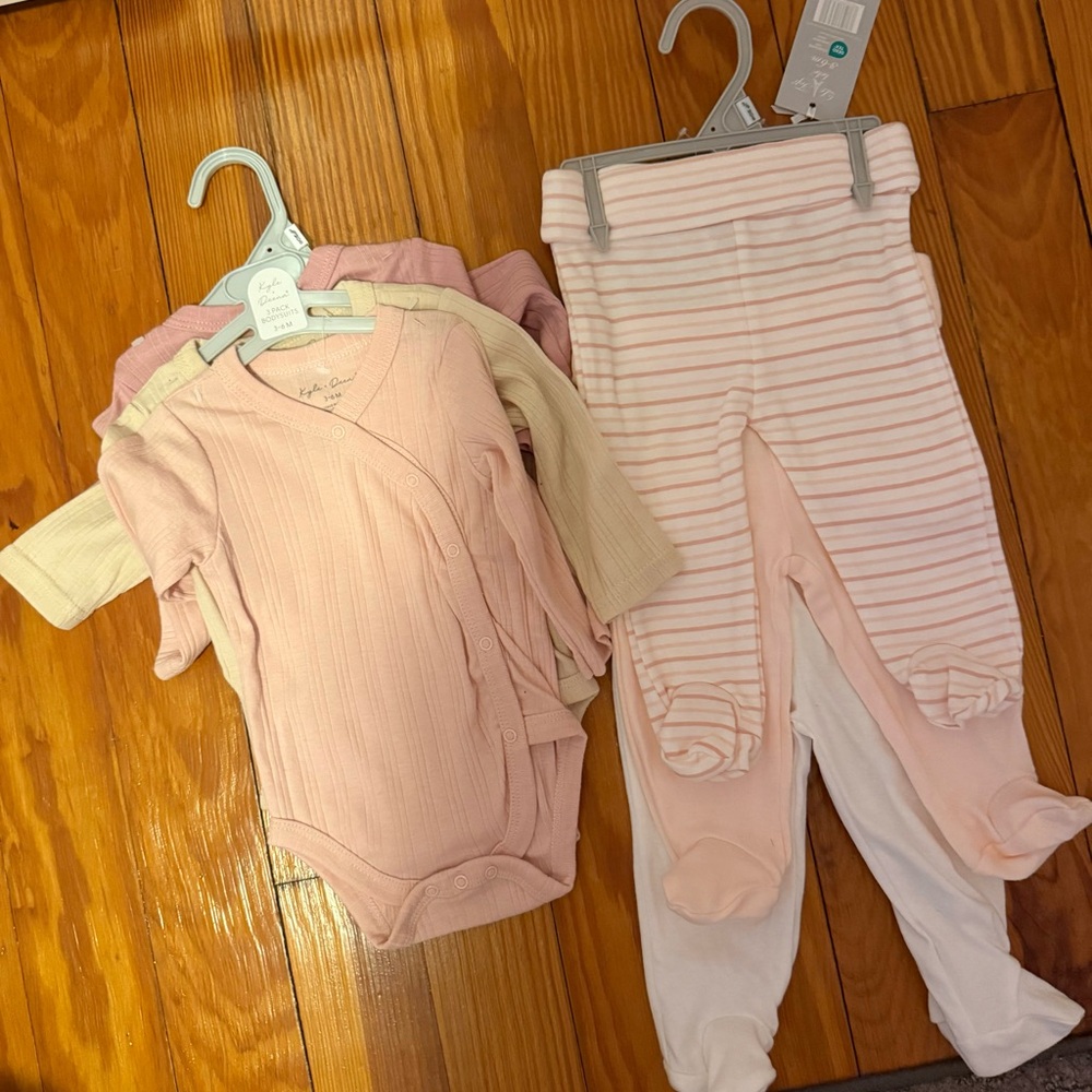 3-Piece Baby Ribbed Bodysuits & Footed Pants Set - Light Pink & Cream